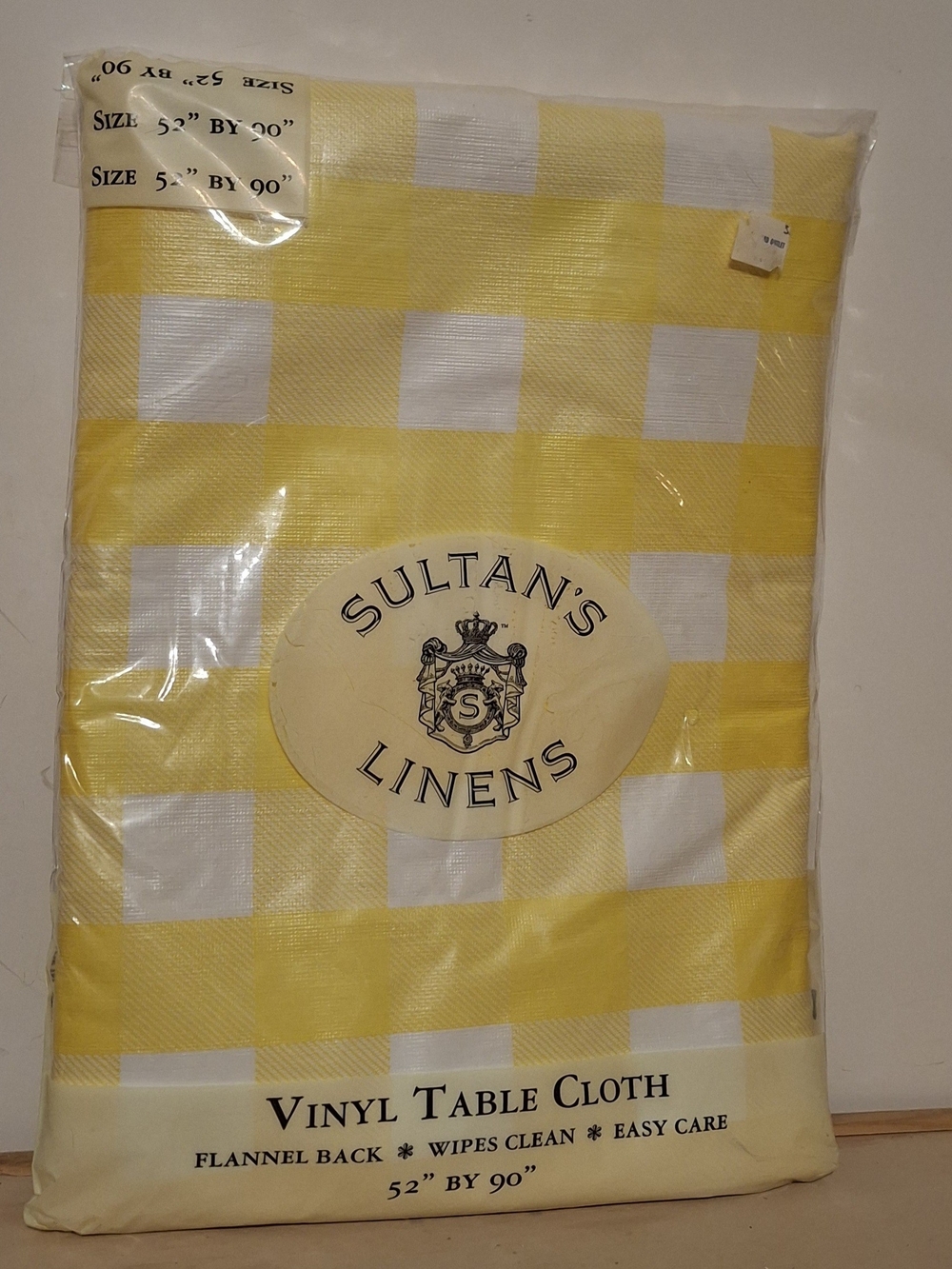 Vintage Sultan's Linens Yellow Plaid Vinyl Tablecloth 52x90 New In Package